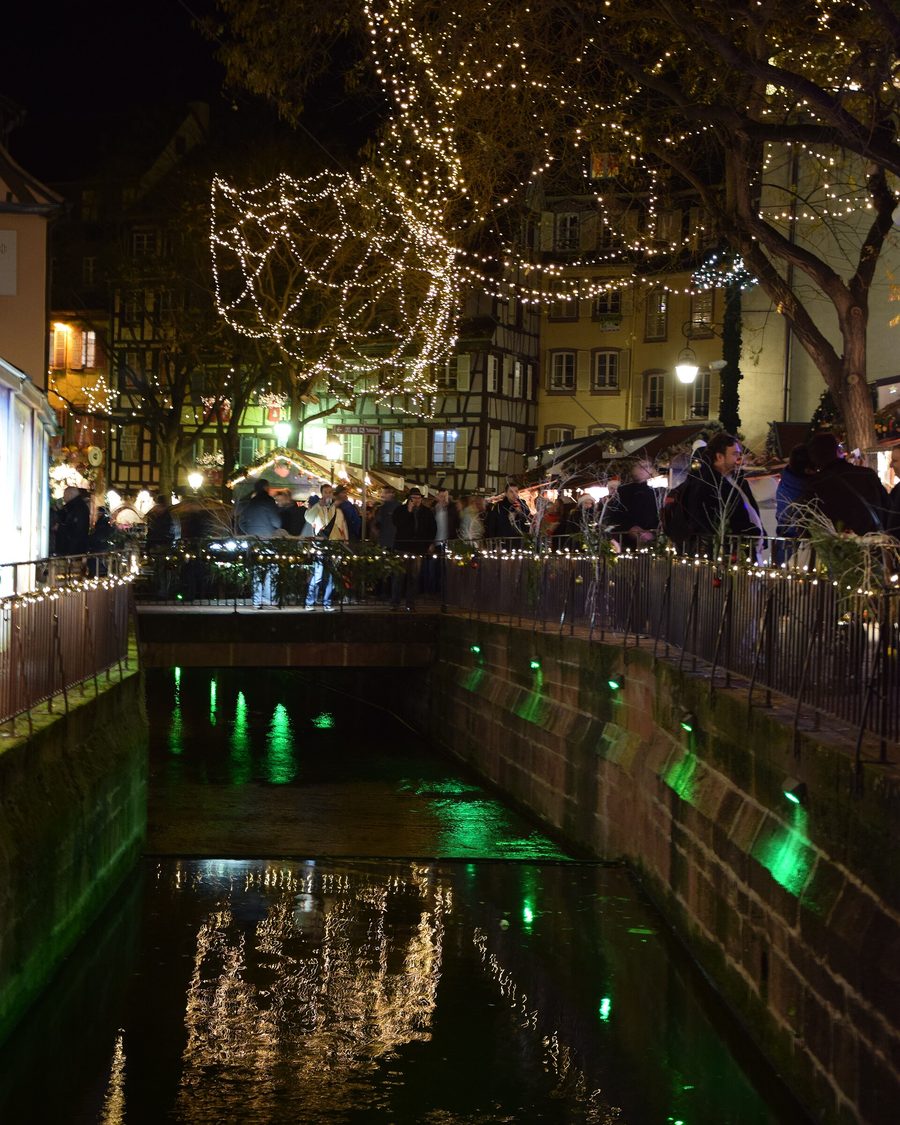Colmar canal lit with fairy lights at Christmas