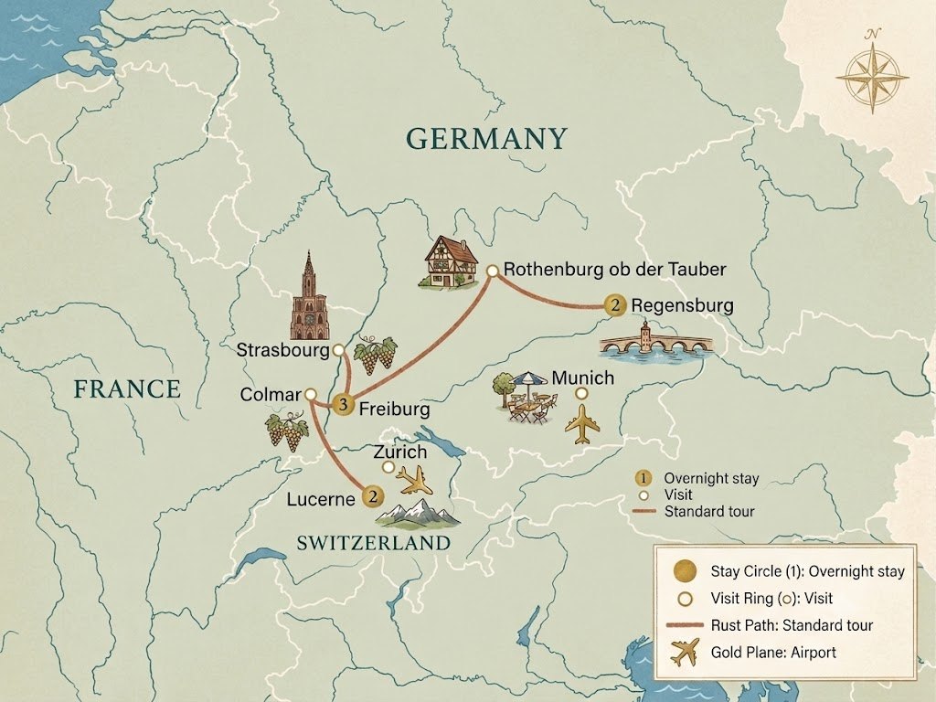 Illustrated route map: fly into Germany for Regensburg (2 nights), on through Rothenburg ob der Tauber to Freiburg (3 nights) with day trips to Strasbourg and Colmar, ending in Lucerne (2 nights), Switzerland.